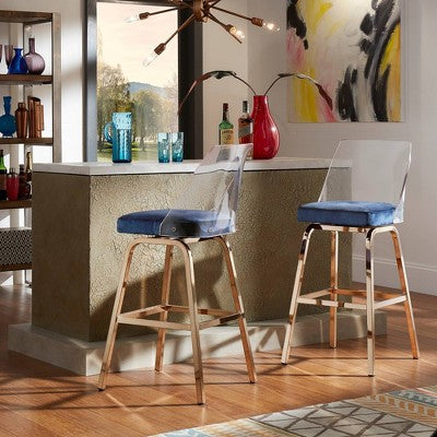  Set Of 2 29" Svana Champagne Gold Finish Velvet Barstools Navy - Inspire Q