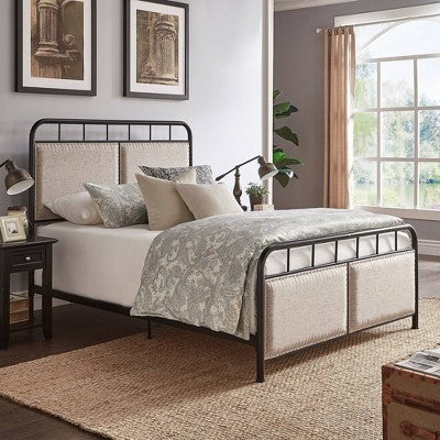  Queen Rathbone Nailhead Trim Upholstered Metal Bed Black/Oatmeal - Inspire Q