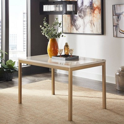  Devoe Faux Marble Top And Metal Base Dining Table White/Gold - Inspire Q